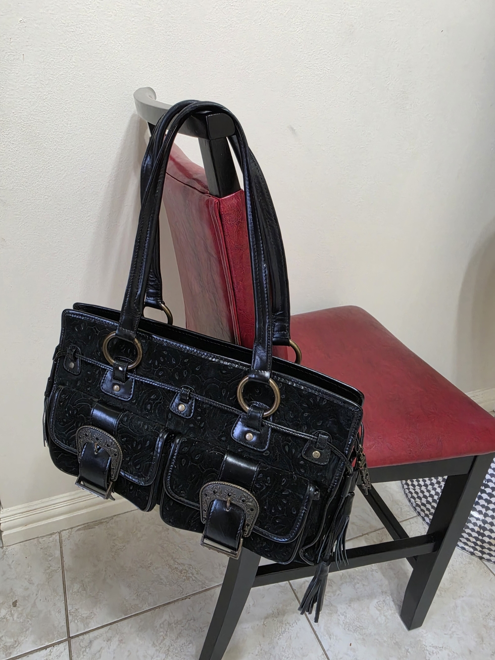 Black Embossed Leather Shoulder Bag with Buckle Pockets